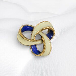 Vintage Signed CINER Blue and White Enamel Gold Tone Love Knot Brooch Pin